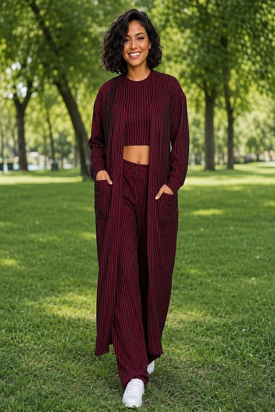 3PCS STRIPED CARDIGAN PANTS  SET