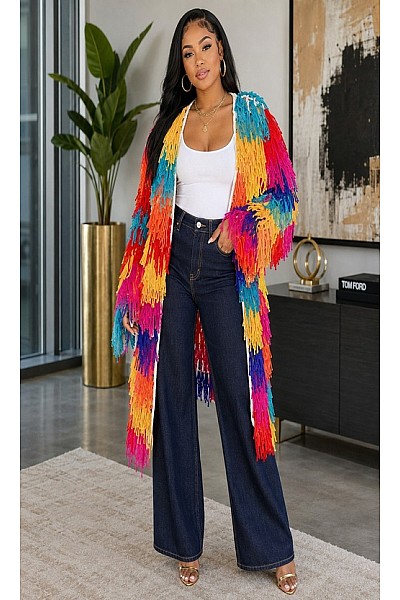 MULTI ALL OVER FRINGE CARDIGAN LONG